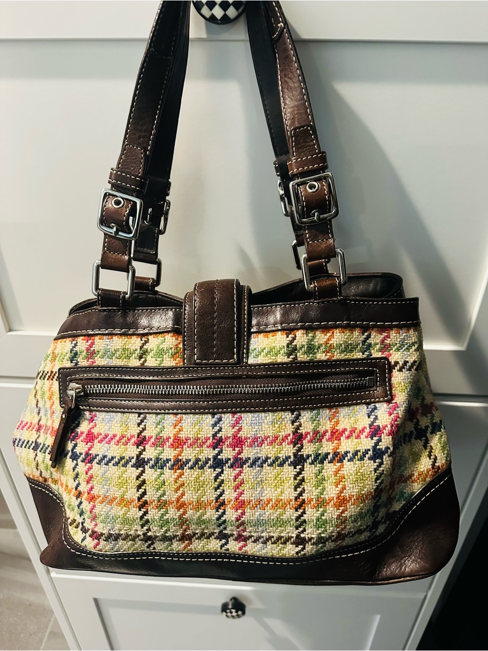 Coach Multicolor Plaid Shoulder Bag with Dark Brown Leather Trim - Picture 4 of 9